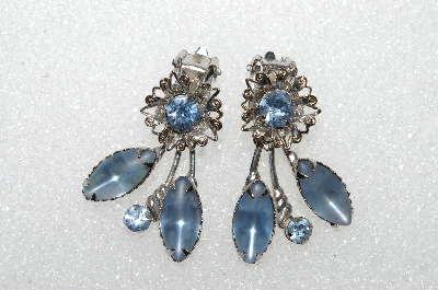 +MBA #E56-138   "Vintage Silvertone Blue Glass & Rhinestone Fancy Earrings"