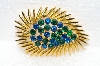 **MBA #E56-228   "Vintage Gold Plated Blue & Green Crystal Rhinestone Fancy Pin"