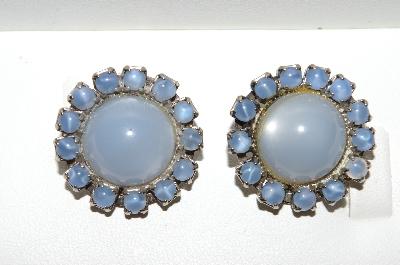 +MBA #E56-110   "Vintage Silvertone Blue Moon Glass Stone Clip On Earrings"