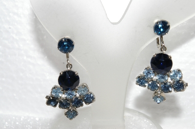 +MBA #E56-099   "Vintage Silvertone Dark & Light Blue Crystal Rhinestone Screw Back Earrings"