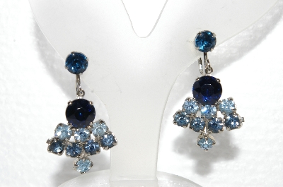 +MBA #E56-099   "Vintage Silvertone Dark & Light Blue Crystal Rhinestone Screw Back Earrings"