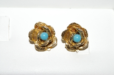 +MBA #E56-129   "Vintage Gold Plated Blue Stone Rose Clip On Earrings"