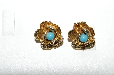 +MBA #E56-129   "Vintage Gold Plated Blue Stone Rose Clip On Earrings"