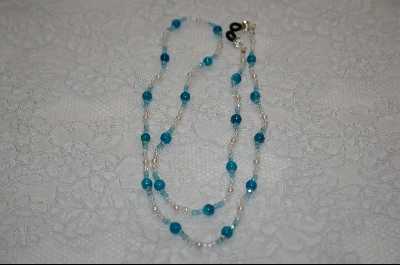 +MBA #6344  "Blue Soap Stone, Blue Crystals, White Glass Pearls
