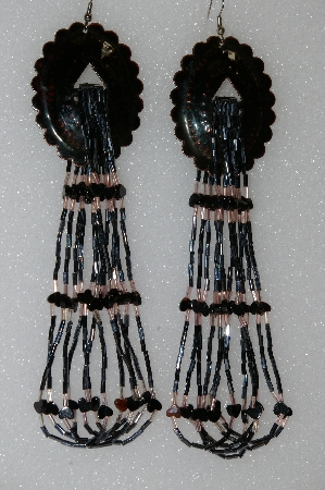 +MBA #S51-412   "Black Enameled Concho With Black Onyx Hearts & Pink & Gun Metal Bugle Beads"