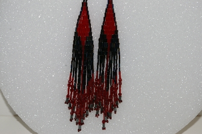 +MBA #s51-444   "Red & Peacock Metalic Bugle Beads & Red Crystal Long Earrings"
