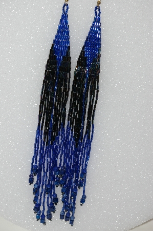 +MBA #S51-432   "Peacock Metalic & Blue Bugle Beads & Lapis Gemstone Beads Long Earrings"