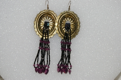 +MBA #S51-398   "Goldtone Concho, Black Glass Beads & Purple Crystal Earrings"
