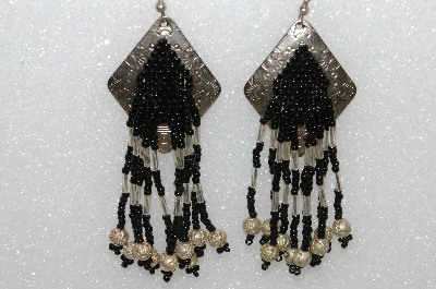 +MBA #S51-404  "Concho, Black Glass Beads, Fancy Sliver Bugle Beads & Silver Plated Rose Bead Earrings" 