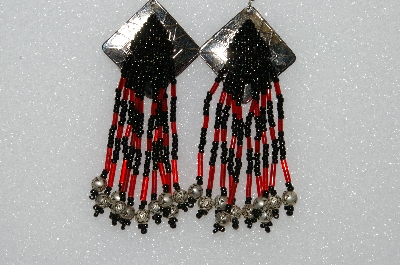 +MBA #S51-536   "Concho Black & Red Glass Beads & Silver Plated Rose Bead Earrings"