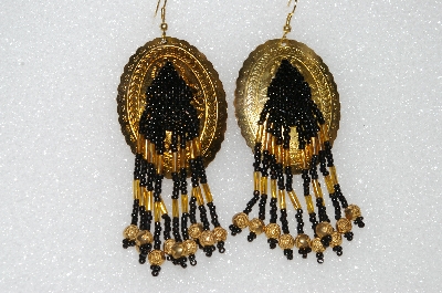 +MBA #S51-489   "Goldtone Concho, Black & Gold Glass Beads & Gold Plated Rose Bead Earrings"
