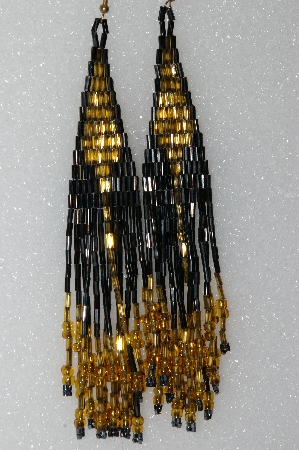 +MBA #S51-446   "Hand Made Black & Gold Glass Bead Long Earring"