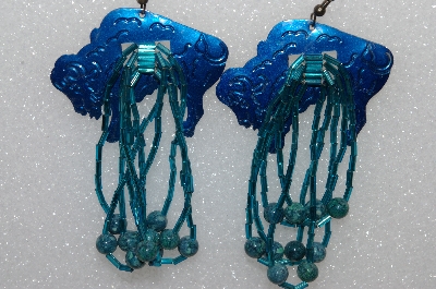 +MBA #S51-453   "Blue Enameled Buffalo Concho, Glass Bugle Beads & Gemstone Bead Earrings"