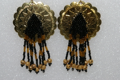 +MBA #S51-483   "Round Gold Tone Concho, Black, Gold Bead & Gold Plated Rose Bead Earrings"