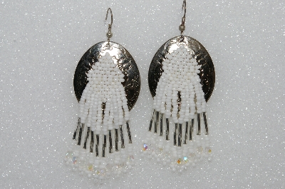 +MBA #S51-509   "Silvertone Concho, White Seed Beads, Silverlined Fancy Bugle Beads & AB Crystal Bead Earrings"