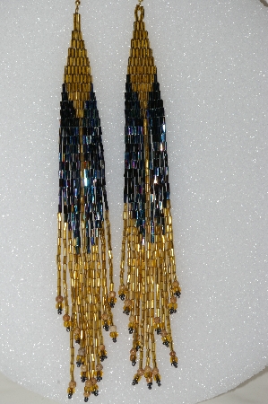 +MBA #S51-426   "One Of A Kind Hand Beaded Peacock Matelic & Gold Bead Long Earrings"
