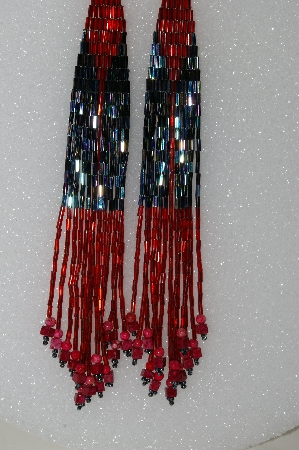 +MBA #S51-435  "Hand Made One Of A Kind Red , Matelic Bugles & Red Soap Stone Bead Long Earrings"