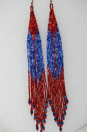 +MBA #S51-429   "Hand Made One Of A Kind Red, Blue Bugle Beads & Blue Lapis Stone Long Earrings"