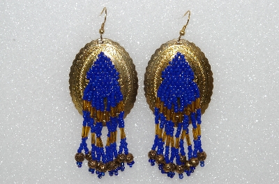 +MBA #S51-560    "Concho  Hand Beaded Blue & Gold Bead Earrings"