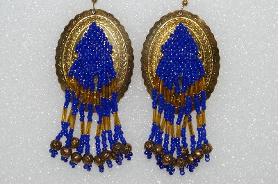 +MBA #S51-560    "Concho  Hand Beaded Blue & Gold Bead Earrings"