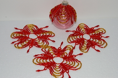 +MBA #S58-053   "Hand Made Set Of 4 Fancy Red & Gold Beaded Ornament Covers"