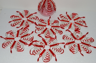 +MBA #S58-043   "Hand Made Set Of 7 Bugle, Seed & Crystal  Silver & Red Bead Ornament Covers"