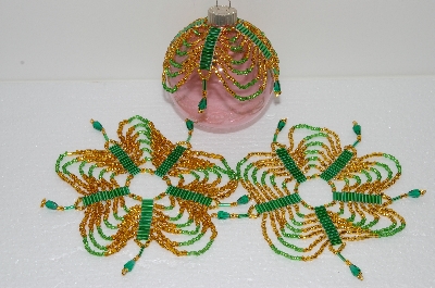 +MBA #S58-063   "Hand Made Set Of 3 Bugle, Seed & Crystal Gold And Green Bead Ornament Covers"