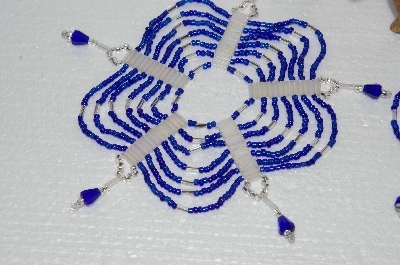 +MBA #S58-085   "Hand Made Set Of 3 Bugle, Seed & Crystal Dark Blue & Silver Bead Ornament Covers"