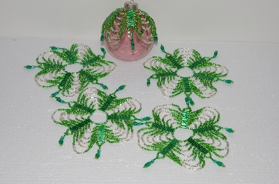 +MBA #S58-067   "Hand Made Set Of 5 Bugle, Seed & Crystal Green & Silver Bead Ornament Covers"