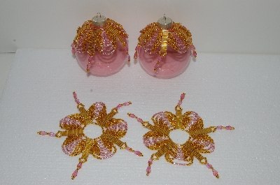 +MBA #S58-013   "Hand Made Set Of 6 Bugle, Seed & Crystal Gold & Pink Bead Ornament Covers"