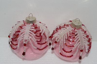 +MBA #S58-022   "Hand Made Set Of 6 Bugle, Seed & Crystal Clear & Red Bead Ornament Covers"