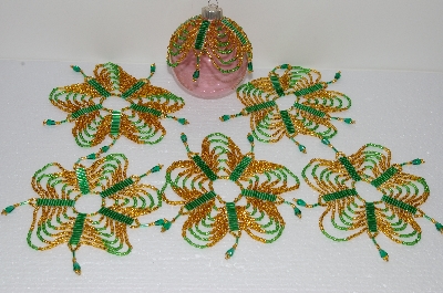 +MBA #S58-058   "Hand Made Set Of 6 Bugle, Seed & Crystal Gold & Green Bead Ornament Covers"
