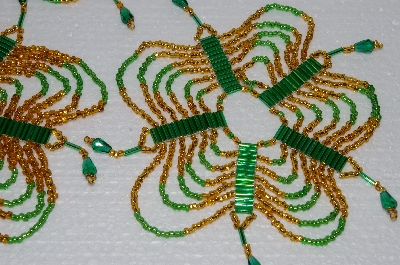 +MBA #S58-058   "Hand Made Set Of 6 Bugle, Seed & Crystal Gold & Green Bead Ornament Covers"