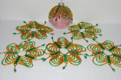 +MBA #S58-062   "Hand Made Set Of 6, Bugle, Seed & Crystal Bead Ornament Covers"