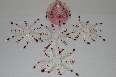 +MBA #S58-035   "Hand Made Set Of 5 Bugle, Seed & Crystal Clear & Red Bead Ornament Covers"