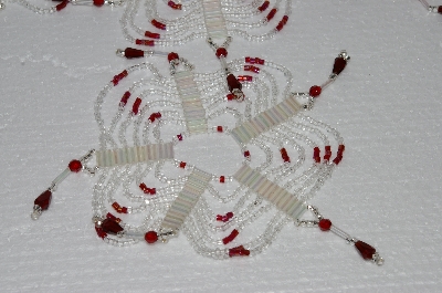 +MBA #S58-035   "Hand Made Set Of 5 Bugle, Seed & Crystal Clear & Red Bead Ornament Covers"