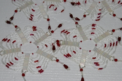 +MBA #S58-030   "Hand Made Set Of 6 Bugle,Seed & Crystal Clear & Red Bead Ornament Covers"