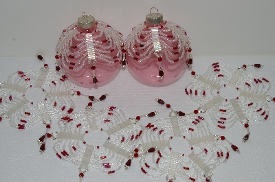 +MBA #S58-030   "Hand Made Set Of 6 Bugle,Seed & Crystal Clear & Red Bead Ornament Covers"