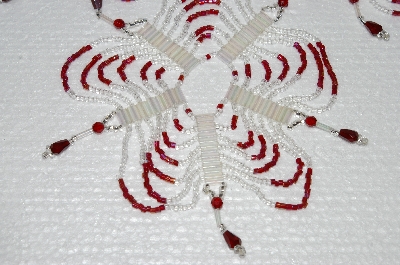 +MBA #S58-028   "Hand Made Set Of 3, Bugle,Seed & Crystal bead Clear & Red Ornament Covers"