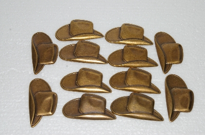 +MBA #S58-136   "Lot Of 12 Antiqued Gold Tone Metal Cowboy Hats"