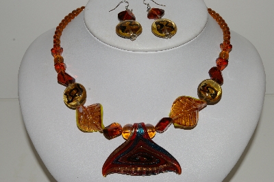 +MBA #S59-033   "Fancy Lampworked Glass Bead Necklace & Earring Set With Fancy Large Glass Fish Tail Pendant"