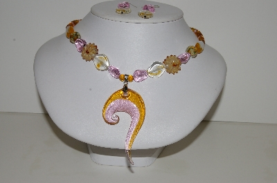 +MBA #S59-074   "Fancy Lampworked Glass Bead Necklace & Earrings Set With Large Glass Swirl Pendant"