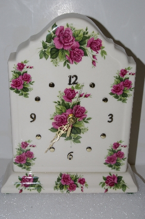 +MBA #S25-008   "Pink Rose Ceramic Mantel Clock"