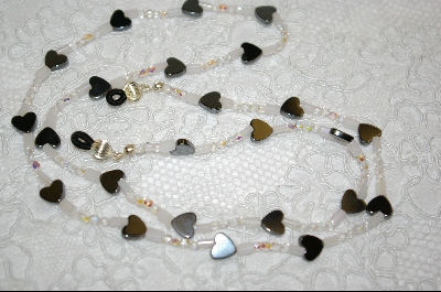 +MBA #3700  "Hematite Hearts & AB Milk Glass Beads