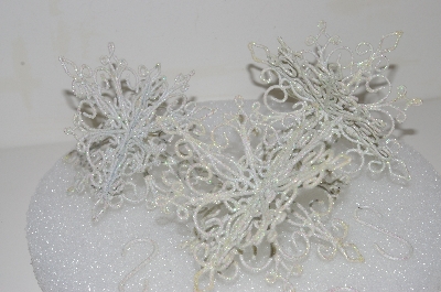 +MBA #S25-321  "2003  Set Of 3 Metal Wjite & AB Glitter Snow Flake Ornaments"