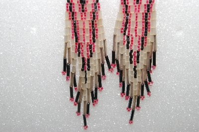 +MBA #S25-092  "Fancy Hand Beaded Frosted White, Pink & Black Earrings"
