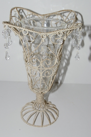 +MBA #S29-048   "Older Antiqued White Metal Vase With Acrylic Beads & Glass Insert"