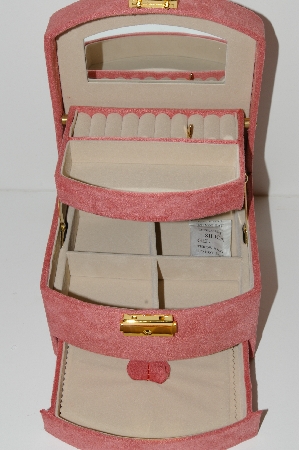 +MBA #S29-070   "Older Sueded Pink Pop-Up Jewelry Box With Mirror & Lock & Key"