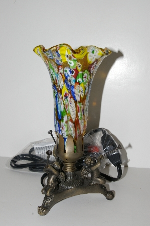 +MBA #S29-075   "2002 Fancy Multi Colored Glass Shade Three Horn Angels Table Lamp"