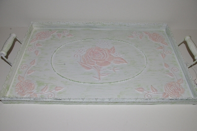 "SOLD"  MBA #S29-034  "Beautiful White & Pink Rose Large Metal Serving Tray"